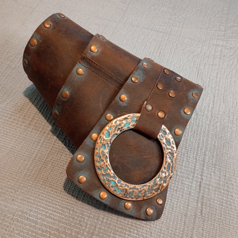 Designer Brown Leather Belt With Bronze Studs and Verdigris - Picture 2 of 8